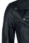 Noisy May Rebel PU faux leather jacket featuring side zip, two side pockets with zip, decorative button on the top part of the collar  and press stud on the bottom part of the collar.