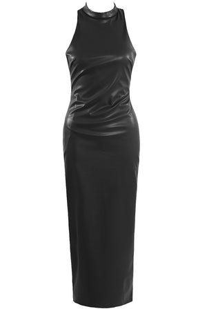 Aria Faux Leather High Neck Midi Dress - Black