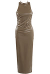 Aria Faux Leather High Neck Midi Dress - Taupe
