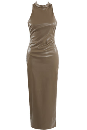 Aria Faux Leather High Neck Midi Dress - Taupe