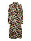- Wrap front with notched lapels  - Gathered detail at shoulders  - Long sleeves  - Elongated buttoned cuffs  - Cutline at waist with side tie fastening  - Draped hemline  - All-over floral print  - Midi length  - Regular fit