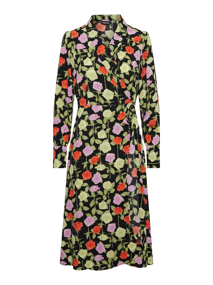 - Wrap front with notched lapels  - Gathered detail at shoulders  - Long sleeves  - Elongated buttoned cuffs  - Cutline at waist with side tie fastening  - Draped hemline  - All-over floral print  - Midi length  - Regular fit