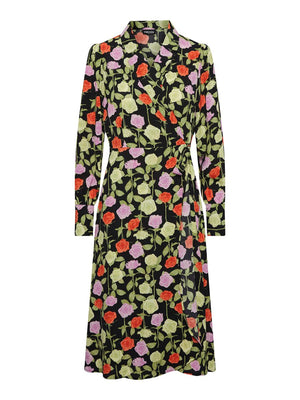 - Wrap front with notched lapels  - Gathered detail at shoulders  - Long sleeves  - Elongated buttoned cuffs  - Cutline at waist with side tie fastening  - Draped hemline  - All-over floral print  - Midi length  - Regular fit