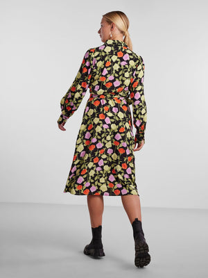 - Wrap front with notched lapels  - Gathered detail at shoulders  - Long sleeves  - Elongated buttoned cuffs  - Cutline at waist with side tie fastening  - Draped hemline  - All-over floral print  - Midi length  - Regular fit