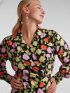 - Wrap front with notched lapels  - Gathered detail at shoulders  - Long sleeves  - Elongated buttoned cuffs  - Cutline at waist with side tie fastening  - Draped hemline  - All-over floral print  - Midi length  - Regular fit