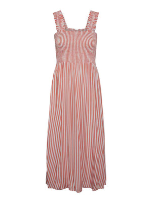 - Square neck and back  - Sleeveless  - Wide shoulder straps  - Smocked bodice  - Gathered cutline at waist  - Striped design  - Regular fit