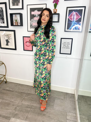Our stuning Davina midi dress, featuring high neck and long sleeve, midi length. It's the perfect occasion dress, don't you agree?  Model wears XS.  - Back zip fastening  - Gathered effect at chest  - Long sleeves  - Banded cuffs  - All-over floral print  - Regular fit