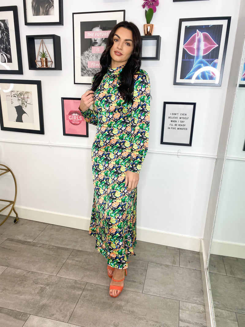 Our stuning Davina midi dress, featuring high neck and long sleeve, midi length. It's the perfect occasion dress, don't you agree?  Model wears XS.  - Back zip fastening  - Gathered effect at chest  - Long sleeves  - Banded cuffs  - All-over floral print  - Regular fit
