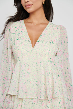 •Lightweight chiffon (100% polyester) •Plunge V-neckline •Ruffle tiered skirt •Balloon sleeves
