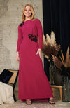 Featuring an open cowl back with tie detail, the maxi skirt hugs the figure and flows down to the floor to create a stunning silhouette. Black embellished florals stand-out against the deep berry purple base for a final touch of glamour to make you feel event-ready and fabulous.
