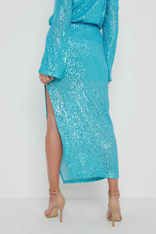 Hendrix Slit Sequin Skirt - Blue