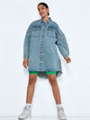 Noisy May Long denim shirt jacket - Non-stretchy cotton material  - Oversize fit  - Pointed collar  - Long sleeved  - Dropped shoulders  - Button fastenings through front  - Front flap pockets with button fastening  - Curved hemline with raw edges  - Button fastening at cuffs