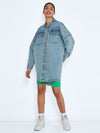 Noisy May Long denim shirt jacket - Non-stretchy cotton material  - Oversize fit  - Pointed collar  - Long sleeved  - Dropped shoulders  - Button fastenings through front  - Front flap pockets with button fastening  - Curved hemline with raw edges  - Button fastening at cuffs