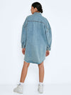 Noisy May Long denim shirt jacket - Non-stretchy cotton material  - Oversize fit  - Pointed collar  - Long sleeved  - Dropped shoulders  - Button fastenings through front  - Front flap pockets with button fastening  - Curved hemline with raw edges  - Button fastening at cuffs