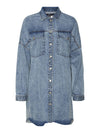 Noisy May Long denim shirt jacket - Non-stretchy cotton material  - Oversize fit  - Pointed collar  - Long sleeved  - Dropped shoulders  - Button fastenings through front  - Front flap pockets with button fastening  - Curved hemline with raw edges  - Button fastening at cuffs