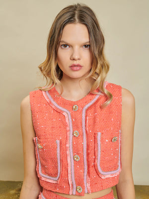 Sister Jane DREAM Citrus Summer Tweed Vest.  Cropped vest in a flecked tweed fabric. Detailed with oversized front patch pockets, embellished with a contrast trim and frayed edge, finished with amber gem buttons. SIZE & FIT