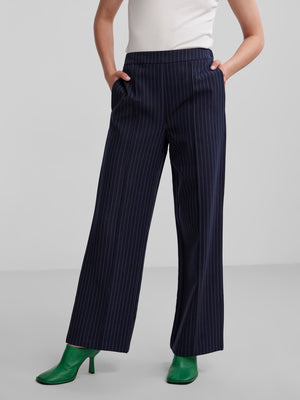  High waist  - Concealed side zip  - Slashed side pockets  - Centre press folds  - Pinstripe design  - Wide leg fit