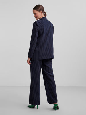 - Notched lapels - Open front - Straight shoulders - Long sleeves - Waist darts - Jetted side pockets with flaps - All-over striped design - Lined - Structured fit