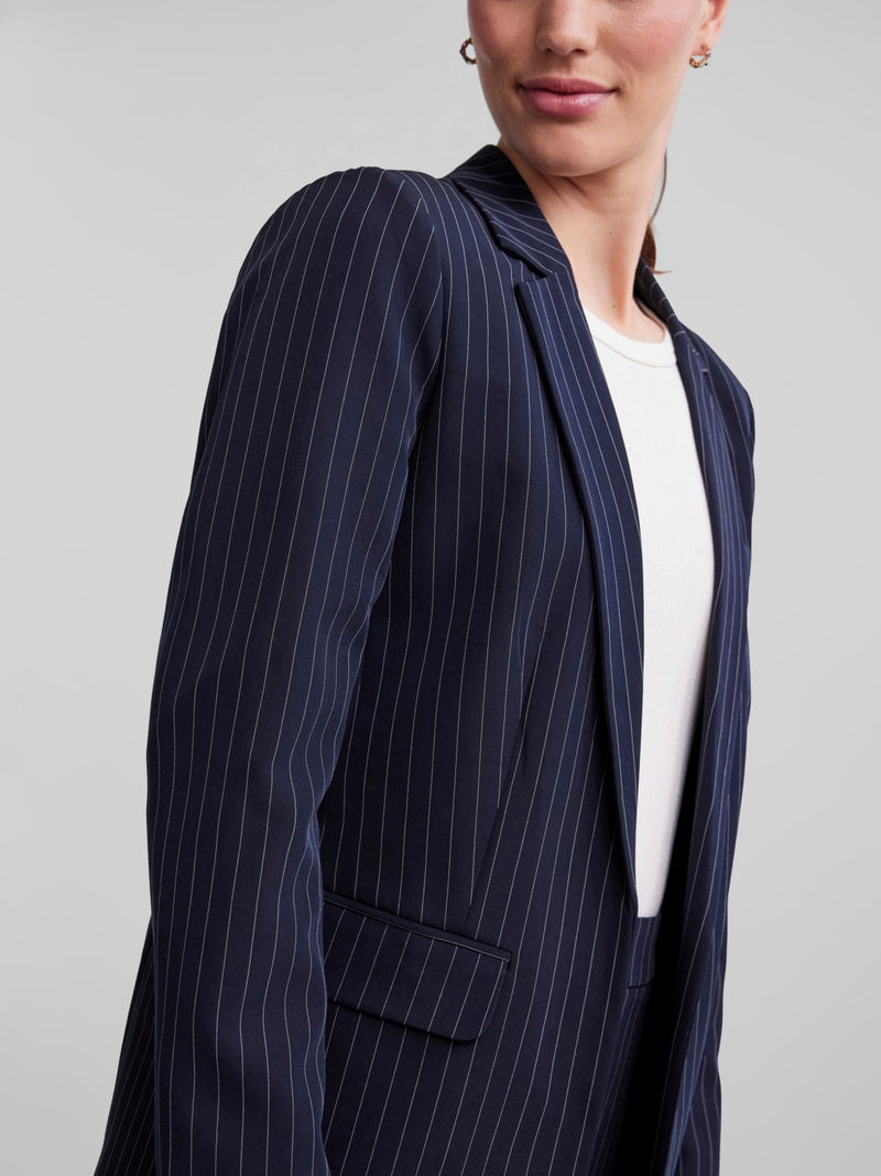 - Notched lapels - Open front - Straight shoulders - Long sleeves - Waist darts - Jetted side pockets with flaps - All-over striped design - Lined - Structured fit