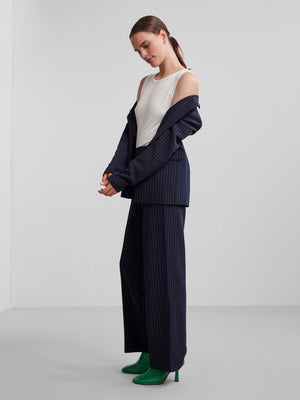 - Notched lapels - Open front - Straight shoulders - Long sleeves - Waist darts - Jetted side pockets with flaps - All-over striped design - Lined - Structured fit