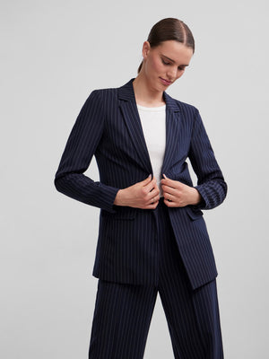 - Notched lapels - Open front - Straight shoulders - Long sleeves - Waist darts - Jetted side pockets with flaps - All-over striped design - Lined - Structured fit
