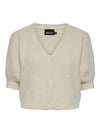- V-neck  - Button-up front  - Half-length puff sleeves  - Ribbed trims  - Fluffy texture  - Regular fit