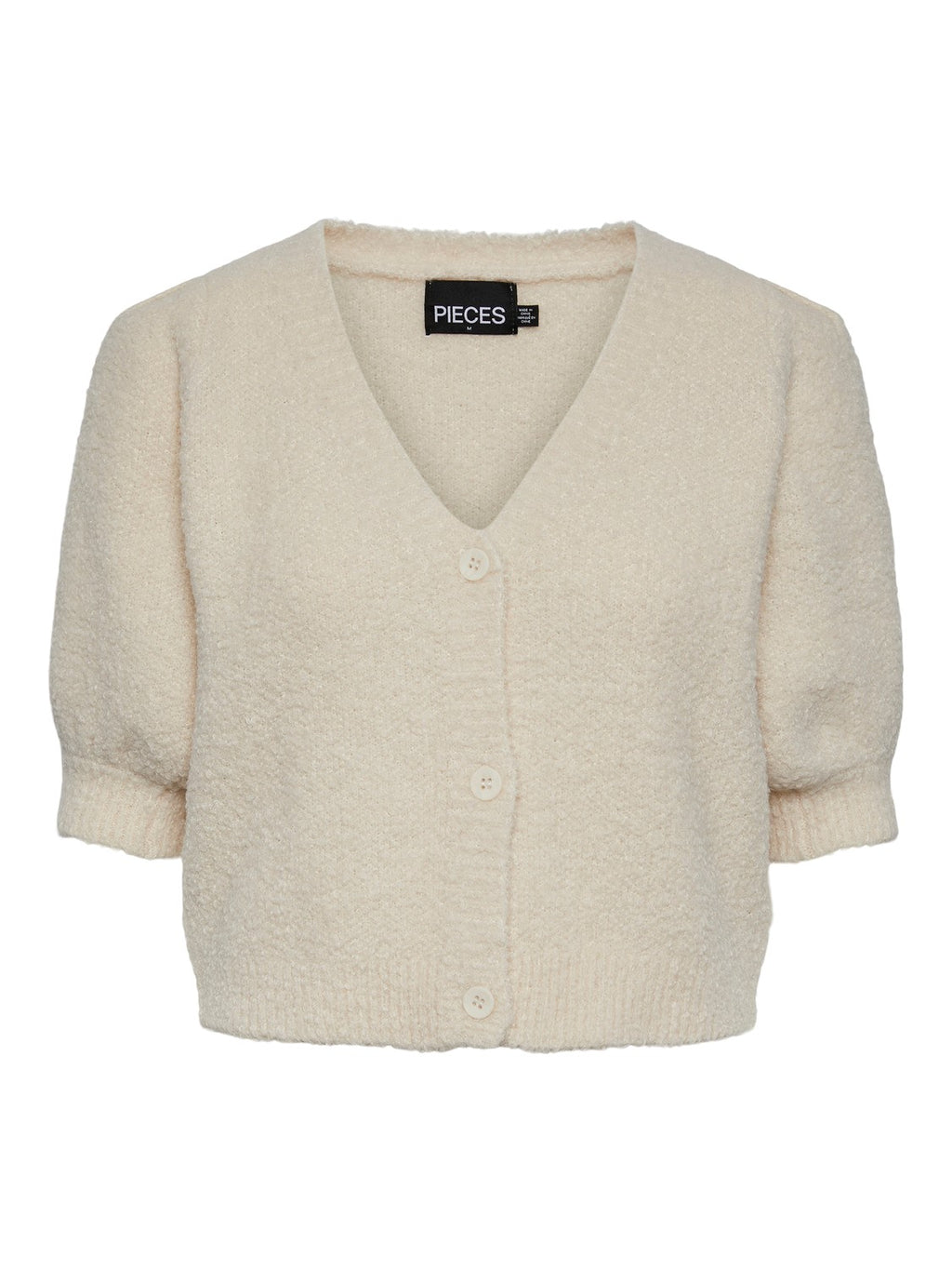 - V-neck  - Button-up front  - Half-length puff sleeves  - Ribbed trims  - Fluffy texture  - Regular fit