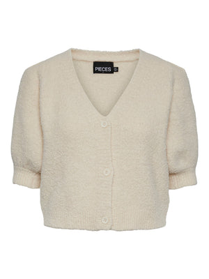 - V-neck  - Button-up front  - Half-length puff sleeves  - Ribbed trims  - Fluffy texture  - Regular fit