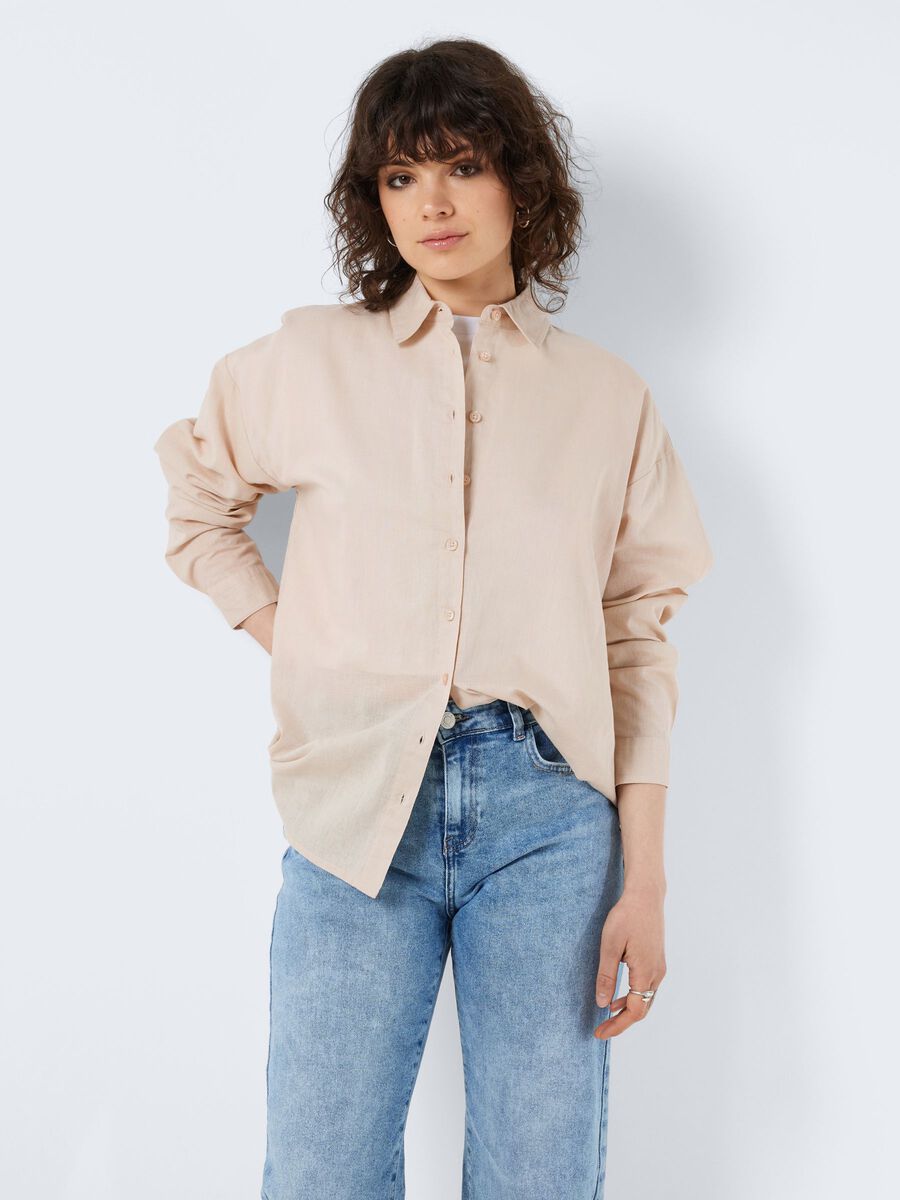 - Oversize shirt  - Button fastenings through front  - Long sleeves with dropped shoulders  - Pointed collar  - Button fastening at cuffs  - Cotton and linen blend material