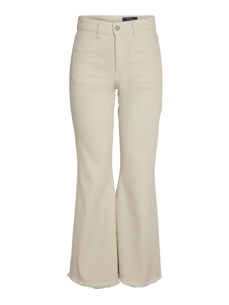 - High waisted jeans  - Flared leg  - Frayed hem at ankles  - Front and back pockets  - Belt loops at waist  - Button and concealed zip fastening at front  - Stretchy cotton-blend