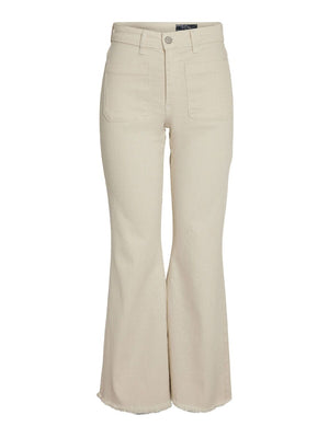 - High waisted jeans  - Flared leg  - Frayed hem at ankles  - Front and back pockets  - Belt loops at waist  - Button and concealed zip fastening at front  - Stretchy cotton-blend