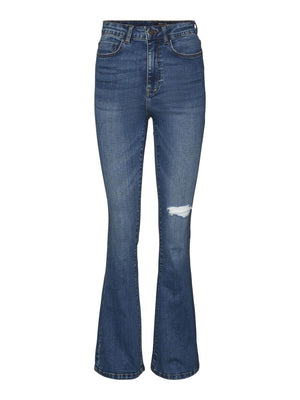 Noisy May Sallie high waisted jeans featuring Flared leg, Distressed detail, Skinny fit, Belt loops at waist, Zipper and single button fastening at front, Five pockets, in a Stretchy cotton blend material.