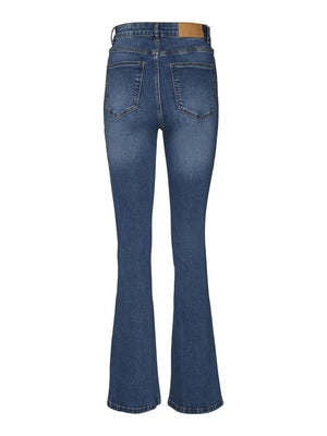 Noisy May Sallie high waisted jeans featuring Flared leg, Distressed detail, Skinny fit, Belt loops at waist, Zipper and single button fastening at front, Five pockets, in a Stretchy cotton blend material.