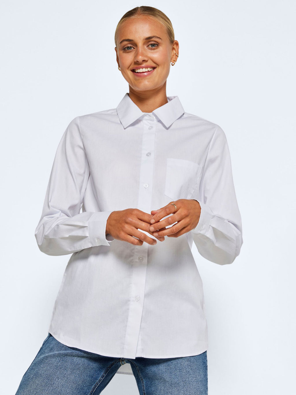 Noisy May whitney classic white cotton shirt featuring Front pocket detail, Pointed collar, Long sleeves with button fastening at cuffs, Button fastenings through front , Regular fit