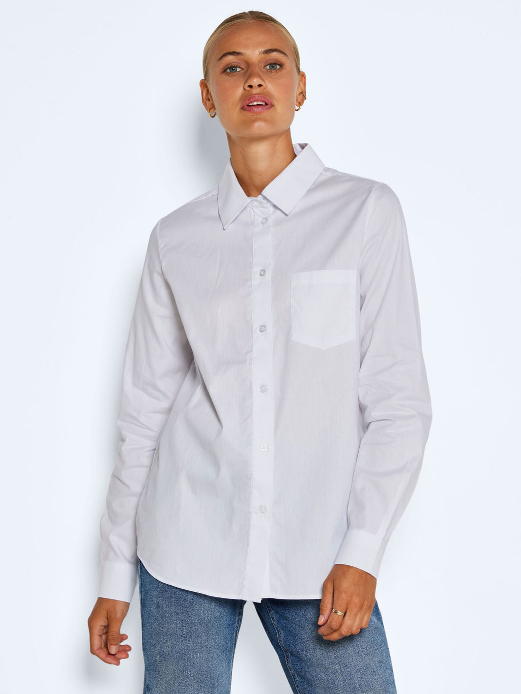 Noisy May whitney classic white cotton shirt featuring Front pocket detail, Pointed collar, Long sleeves with button fastening at cuffs, Button fastenings through front , Regular fit