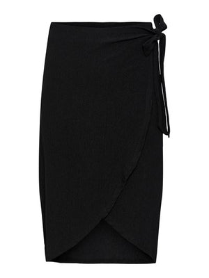 - Faux wrap design  - Elasticated Waistband  - Tie waist  - Midi Length  - Stretchy fabric