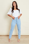 This top is a wardrobe basic. Paired with jeans, tailored trousers … the options are endless. Featuring a broderie contrasting sleeve and square neckline. 