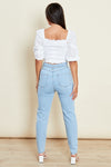 This top is a wardrobe basic. Paired with jeans, tailored trousers … the options are endless. Featuring a broderie contrasting sleeve and square neckline. 