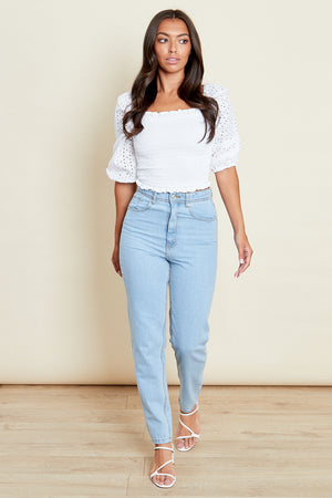 This top is a wardrobe basic. Paired with jeans, tailored trousers … the options are endless. Featuring a broderie contrasting sleeve and square neckline. 