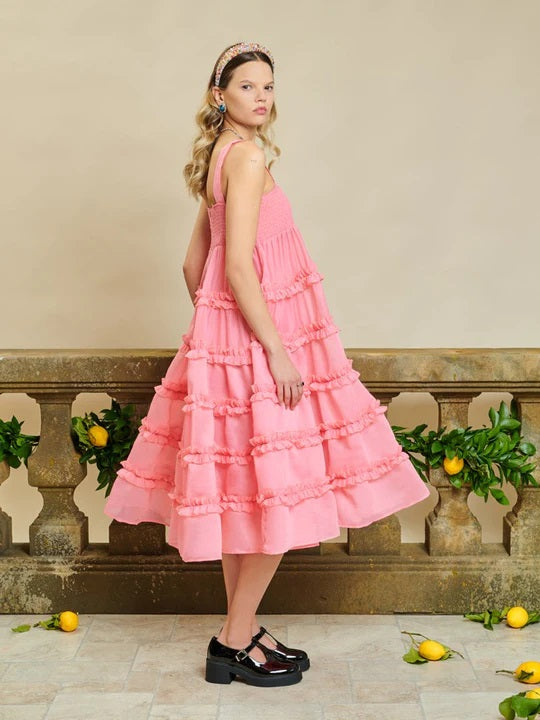 Sister Jane DREAM Getaway Ruffle Cami Dress.  Cami dress in a bright organza fabric. Featuring a gathered tiered skirt with double edged ruffles. Complete with a double lining for extra fullness