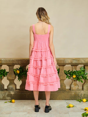 Sister Jane DREAM Getaway Ruffle Cami Dress.  Cami dress in a bright organza fabric. Featuring a gathered tiered skirt with double edged ruffles. Complete with a double lining for extra fullness