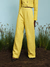 Sister Jane Maize tweed trousers, Your lungs filled with the fresh air of the land, you breathe in these vibrant high-waisted trousers in yellow textured tweed - they fit you like a Sunflower dream. Finished with scalloped edge trim detailing.