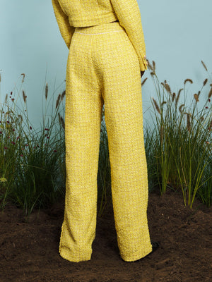 Sister Jane Maize tweed trousers, Your lungs filled with the fresh air of the land, you breathe in these vibrant high-waisted trousers in yellow textured tweed - they fit you like a Sunflower dream. Finished with scalloped edge trim detailing.