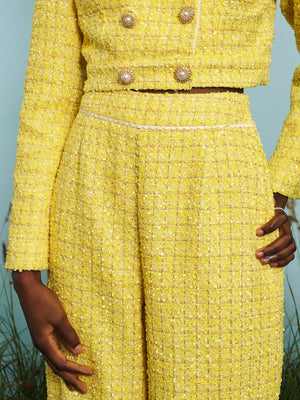 Sister Jane Maize tweed trousers, Your lungs filled with the fresh air of the land, you breathe in these vibrant high-waisted trousers in yellow textured tweed - they fit you like a Sunflower dream. Finished with scalloped edge trim detailing.